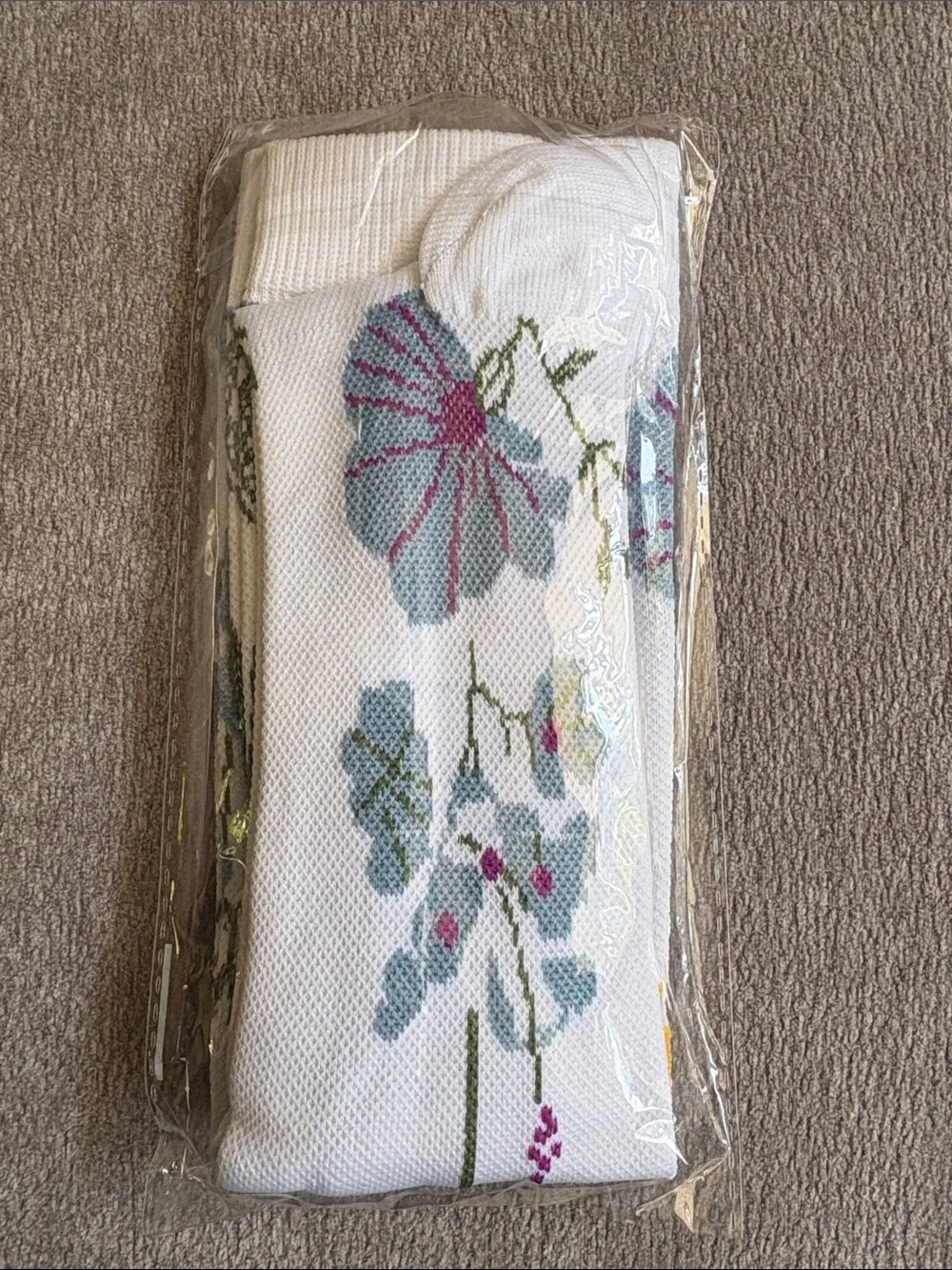 Floral Knit White Ankle Socks with Yellow & Purple Blooms
